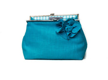Load image into Gallery viewer, Turquoise blue linen clutch bag, unique accessory, perfect blue bridesmaid clutch, luxury makeup bag, Blue linen handbag