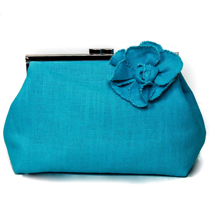 Turquoise blue linen clutch bag, unique accessory, perfect blue bridesmaid clutch, luxury makeup bag, Blue linen handbag