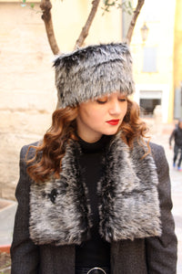 Faux fur hat and scarf set, Black and gray fake fur hat scarf combo,