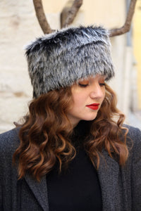 Winter fur hat, two tone black and gray russian fake fur hat,