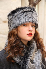 Load image into Gallery viewer, Faux fur hat and scarf set, Black and gray fake fur hat scarf combo,