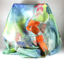 Load image into Gallery viewer, Hand painted silk scarf. Floral silk foulard. Original wearable silk art.