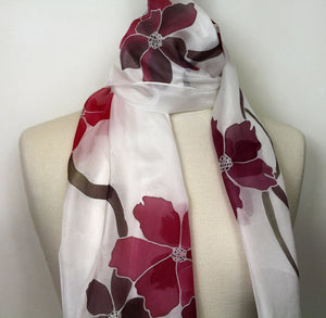 Hand painted pink floral silk scarf. Flower pattern pure silk foulard.