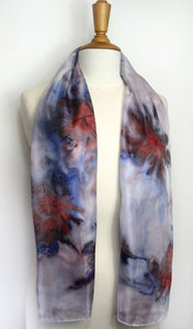Hand painted silk scarf in blues and reds. Vibrant abstract floral silk scarf. Purple silk foulard.